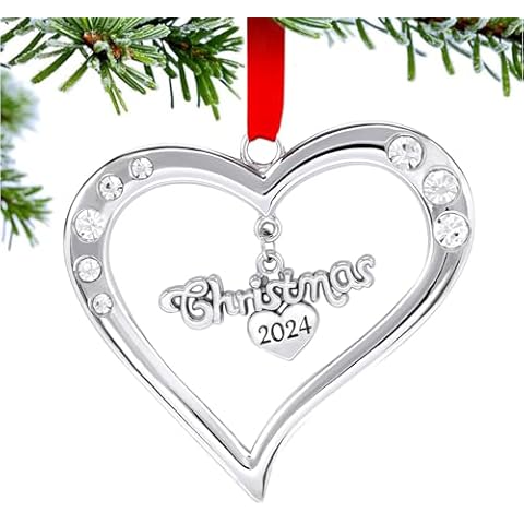 Christmas Ornament 2024, Metal Silver Heart Ornaments Dated 2024 for Xmas Tree Decorations, Decorative Hanging Pendant Holiday Keepsake Gift Cover
