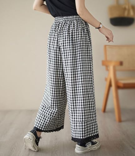 chouyatou Women's Plaid Wide Leg Lace Trim Capri Pants High Elastic Waist Palazzo Pants Culottes with Pockets3