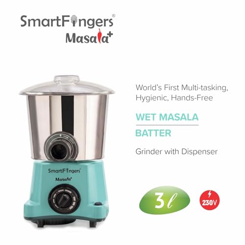 Image of SmartFingers Masala + Table Top Wet Grinder 230V, 3 Liter, Green with Coconut Scrapper & Atta Kneader Attachment | Hands-Free Batter Dispenser | Top Wiper, 220W Motor | 5 Years Warranty | AISI 304