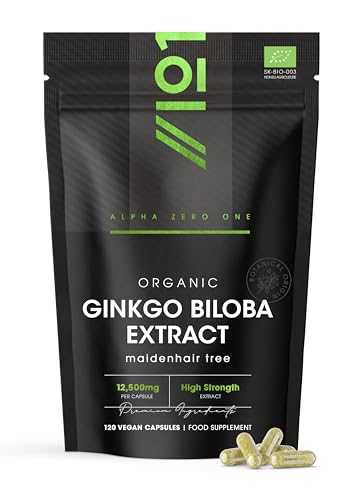 Organic Ginkgo Biloba Extract 12 500mg High Strength Formula 120 Vegan Capsules Resealable and Recyclable Pouch by Alpha01