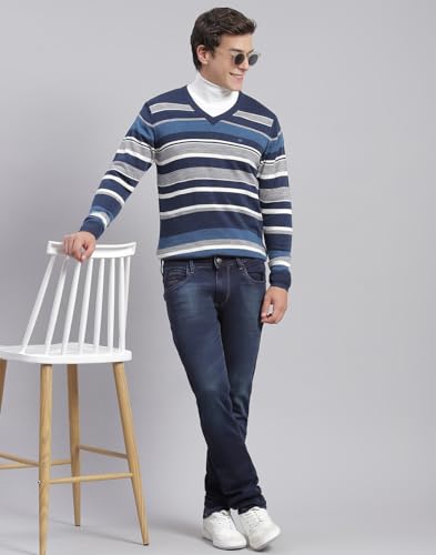 Image of Monte Carlo Royal Blue Striped V Neck Pullover | Warm Woolen Pullover for Men | Soft Comfortable Knitted Winter Wear Sweater for Men's