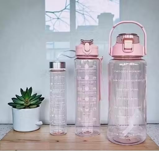 Image of EKAN 3 in 1 Motivational Water Bottles Set 2000 ml, 900 ml, 300 ml Large Capacity Sipper Bottles for School, Office, Home and Gym Use Leak-proof BPA-Free Water Bottles (Pink)