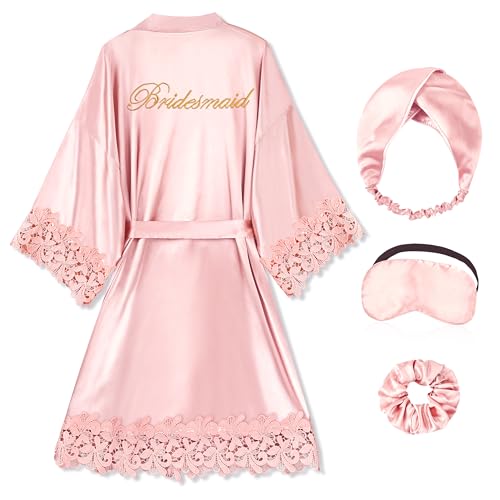 Image of EPLAZA Bride Robe for Wedding Day Set Bridal Robe Lace Trim Silky Embroidery Satin Kimono for Bridal Party