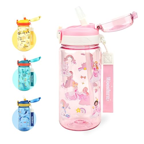wooshwa Pop-up Borraccia Bambini per la Scuola,600 ml Borraccia con Cannuccia Bambini, Priva di BPA e Lavabile in Lavastoviglie (Principessa Rosa Bambina)