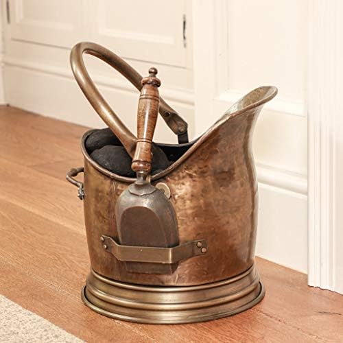 Brass Coal Scuttle Fireplace Hod Bucket & Wood Handle Shovel with Matches Canister