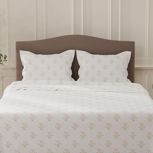 Image of Layers 100% Cotton Bedsheet for Double Size Bed | Lumina Floret Collection | 144 TC Soft & Breathable | Floral Print with 2 Pillow Covers | Wrinkle Free & Colorfast | 3 Piece Bedding Set - White & Red