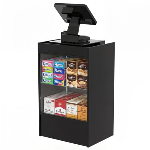 HUZJIEHUI 24”W * 18”D * 38”H - Black Retail Cash Register Stand Cash Wrap Checkout Desk Portable Counter Podium Stand with Drawer & Glass Shelving Case for Retail Store, Meetings Reception & Church