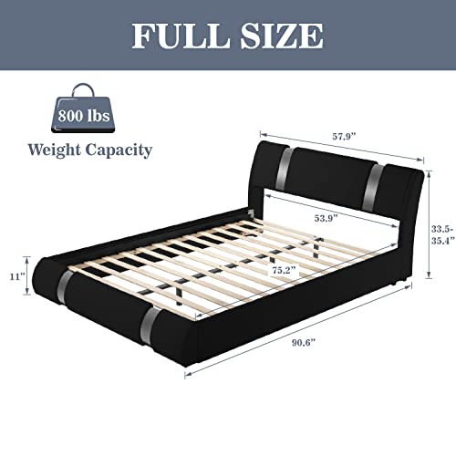 Allewie Full Bed Frame With Iron Piece Decor, Faux Leather Upholstered Platform Bed With Adjustable Headboard & Strong Wooden Slats, No Box Spring Needed, Black #TOP1