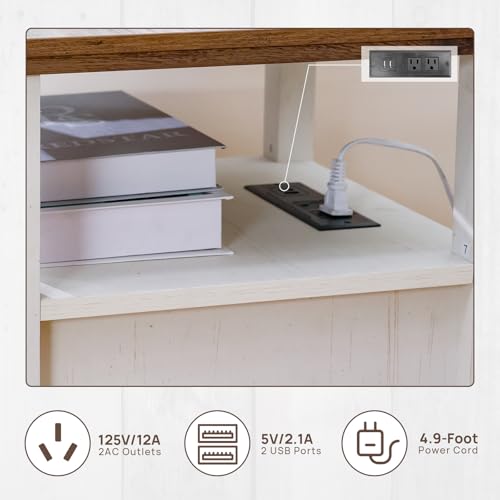 Image of ALBAD Farmhouse Nightstands with Charging Station,White & Wood Tabletop | End Tables with 2 Drawers, Open Shelf, USB Ports, Metal Knobs, for Rustic Bedroom Bedside, Living Room, Dorm