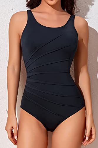 Smismivo Tummy Control Swimsuits For Women Athletic One Piece Bathing Suit Modest Slimming High Neck Sports Teens Training Swimming Suits Full Coverage Swimwear (Black) #TOP4