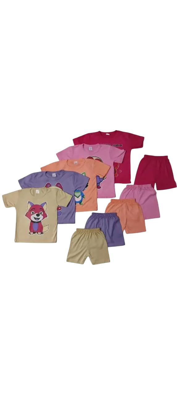 Kids Half Sleeve T-Shirt and Shorts Set | Soft Cotton Summer Wear for Boys & Girls | Comfortable Daily Outfit for Kids | Multicolor (Set of 5)