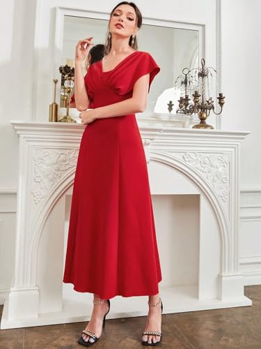 Image of Shasmi Women's & Girl's Solid A-Line Maxi Dress | V-Neck Pleated Bodice | Cap Batwing Sleeves | Fit & Flare Evening Gown (Dress 274)