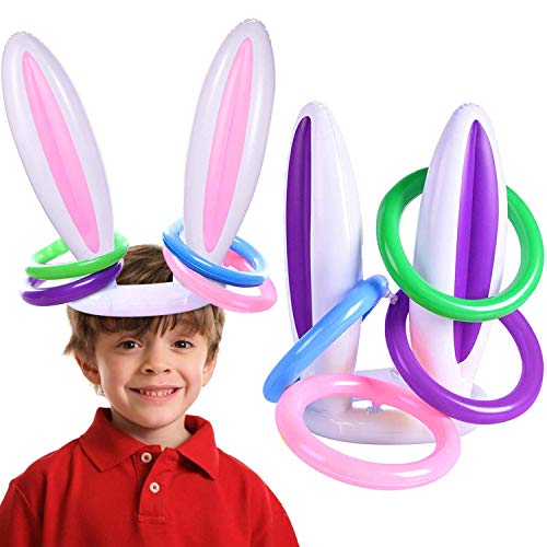 A-SZCXTOP 2 Pack Easter Inflatable Bunny Rabbit Ears Ring Toss Party Games (2 Set/8 Rings) Indoor Outdoor Rabbit Ears Ring Toss Toys Gift Party Favors for Kids Family Easter Party Supplies Carnival Game
