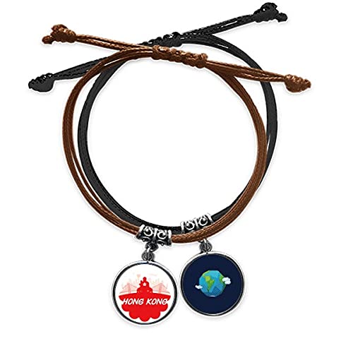 Pulsera de cuero roja con silueta de Hong Kong y cordon ajustable para mano