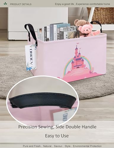 Image of Rectangular Pink Princess Laundry Storage Bin for Adults and Kids | Damp resistant canvas fabric, sturdy stitched carry handles, foldable design organizes closet and playroom daily supplies