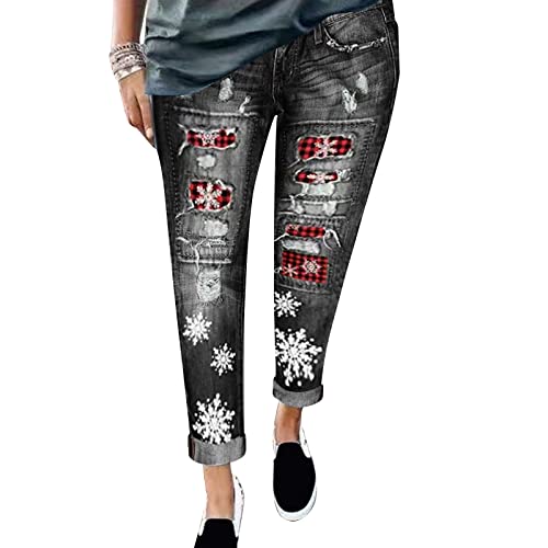 Jean stretch taille moyenne resserre taille avec patch imprimé sapin de Noël
