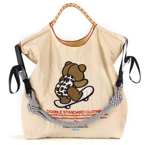 Women's fashion handbag embroidered skateboard bear nylon handbag designed for travel, beach, and birthday shopping bags (Skateboard Bear-beige-004)