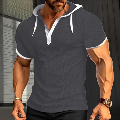 Mens Waffle Hoodie Shirts Short Sleeve Workout Gym Sweatshirt Muscle Fit Fashion Athletic Hood Pullover Cotton Hooded Tshirt2