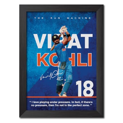 Image of TenorArts Virat Kohli Poster with Quotes Indian Legend Cricket Player Photo Frame Painting with Matt Finish Black Textures (12 inches x 9inches)