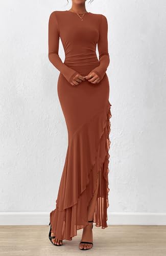 BTFBM Women's Maxi Dresses Fall 2025 Long Sleeve Ruched Bodycon Solid Ruffle Mermaid Cocktail Wedding Guest Dress