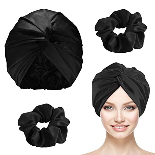 Satin Hair Wrap for Sleeping Bonnet Double-Sided Sleep Cap Sleep Turban Hair Bonnet with 2 Pcs Hair Scrunchies for Curly Hair Women Sleep Cap with Elastic Bow Stay On Head