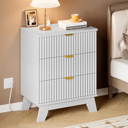 Image of BORNOON 30.5 inch Nightstand with Charging Station, 3-Drawer Fluted Bedroom Chest, Wood Bedside Dresser with Power Outlets and USB Ports, Metal Slides, Stable Base, Modern Storage Cabinet for Small Spaces
