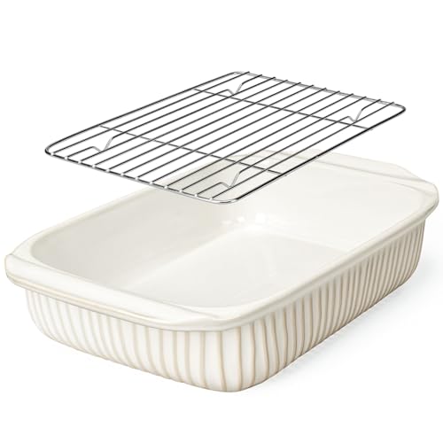 Artena Baking Dish 5.1 Quarts, Casserole Dishes For Oven, Baking Pan With Handles, Lasagna Pan Deep, Large Casserole Dish, Rectangular White Ceramic Bakeware (Baking Dish With Rack) Artena Baking Dish 5.1 Quarts, Casserole Dishes For Oven, Baking Pan With Handles, Lasagna Pan Deep, Large Casserole Dish, Rectangular White Ceramic Bakeware (Baking Dish With Rack)