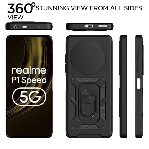 Image of Pikkme Back Cover for Realme 13 Plus 5G / Realme P1 Speed 5G | D10 Tough Armor | 360 Protection Case | Sliding Camera Shield Cover & Ring Holder Stand Bumper Case (Black)