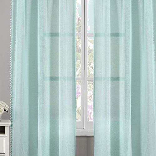 Lala + Bash - Addyson Pompom Trim Pole Top Window Curtains For Living Room & Bedroom - Assorted Colors - Set Of 2 Panels (38 X 84 Inch - Seafoam Blue) #TOP2