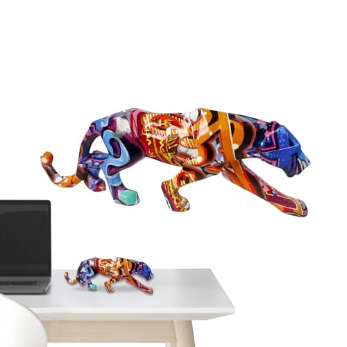 Estatua de leopardo - Escultura colorida de resina - Figura de leopardo realista, decoración para sala de estar, oficina, estante de alcohol, regalo de inauguración, decoración de estatua de leopardo