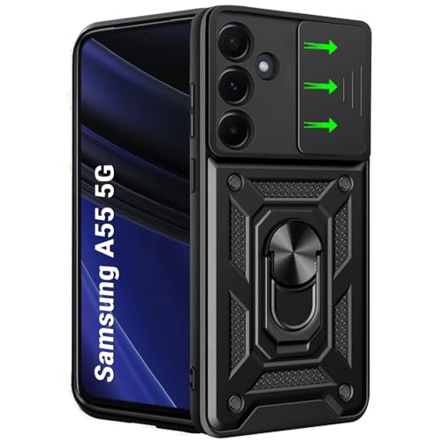 Image of TheGiftKart Tough Armor Bumper Back Cover Case for Samsung Galaxy A55 5G | Ring Holder & Kickstand in-Built | 360 Degree Protection Case Cover for Samsung A55 (PC & TPU, Sliding Camera Cover, Black)
