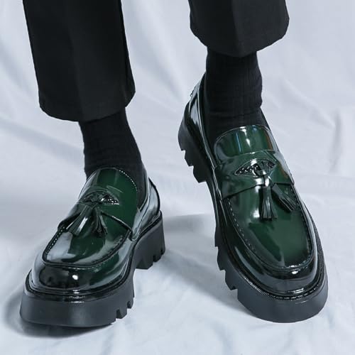 Image of Men's Black Soft Patent Leather Platform Chunky Heel Loafers Fashion Tassel Business Casual Formal Work Shoes Non-Slip Lug Sole Slip-On Penny Loafers