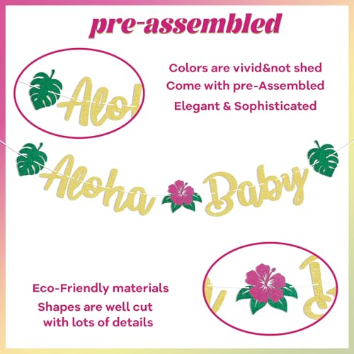 Image of Aloha Baby Banner, Hawaiian Tropic Baby Shower Decorations, Welcome BabyDecor, Summer New Baby Announcement Tropical Baby Shower Birthday Party Supplies Gold Glitter