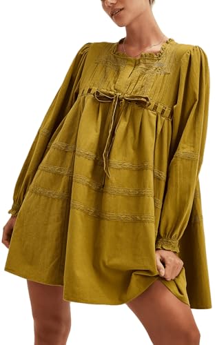 Women Bow Tie Mini Babydoll Dress Spring Cute Embroidery Floral T-Shirt Dress Y2k Long Sleeve Short Flowy Sundress