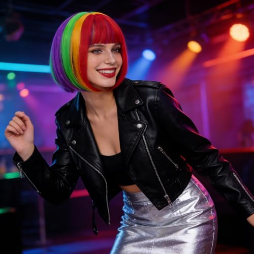 Image of Rose bud Rainbow Bob Wig with Fringe 12 Inch Short Straight Colorful Costume Wigs for Women Cosplay Party Halloween