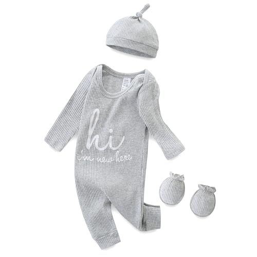 Image of Baby Boy Girl Ribbed Onesies Romper Coming Home Outfits Letter Print Bodysuit Jumpsuit Hat Glove 3PCS Clothes Set