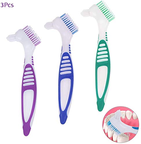 Findagift - Juego de 3 cepillos de limpieza de dentaduras postizas, cepillo de dientes de doble cerdas premium para el cuidado de las dentaduras, cerdas de varias capas y mango ergonómico, 3 colores