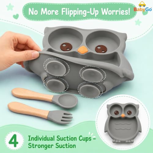 Image of BabyGo Silicone Suction Plate for Babies & Toddlers | 3-Section Owl-Shaped Feeding Set | Strong Suction Cups | BPA-Free, Microwave Safe | Self-Feeding| 1 Plate & 2 Spoons | Grey