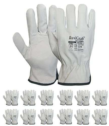Ruvigrab - Pack de 12 gants de travail en cuir de fleur naturelle