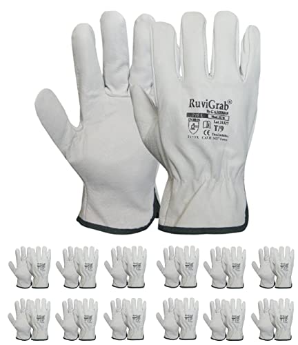 Ruvigrab - Packung mit 12 Arbeitshandschuhen aus natürlichem Blumenleder | Gartenhandschuhe | Lederhandschuhe | Arbeitshandschuhe aus Leder | Größe 8