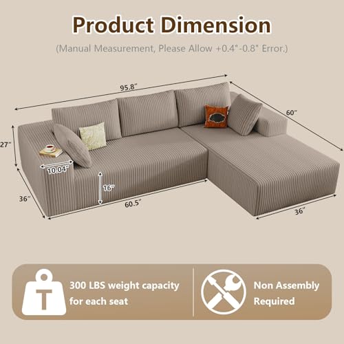 Image of 96 inch Modular Sectional Couch, Boneless L Shaped Cloud Sofa with Chaise Lounge, Corduroy Upholstered Couches Memory Foam Deep Seat, No Assembly Required, Ideal for Living Room(Camel, Right Facing)