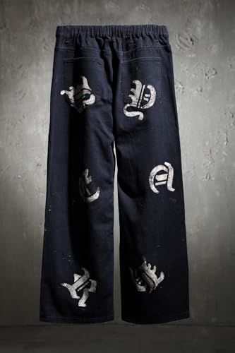 Multi Lettering Bleach Banding Wide Denim Pants Black2