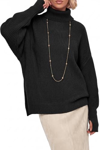 Arach&Cloz Women's Wool Blend Oversized Turtleneck Fall Sweater Black M