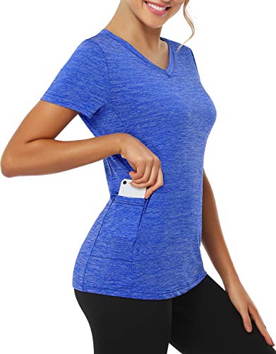 CHICHO Women's V Neck Workout Shirt with Pocket Short Sleeve Moisture Wicking Top for Running Hiking Yoga T-Shirt