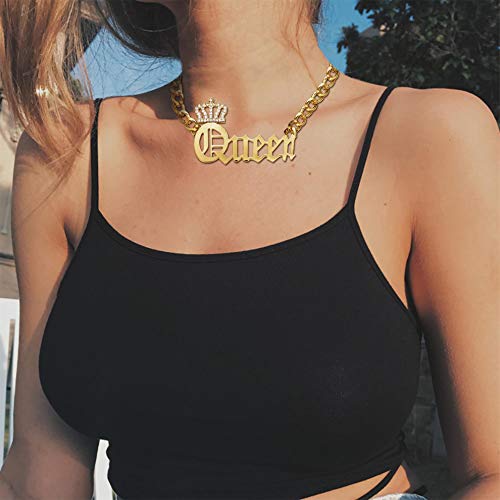 SAILIMUE Queen Pendant Curb Chain Necklace with Oversize Statement 90s Bamboo Hoop Earring Set for Women Gold Plated Color Punk Style Hip Hop Rapper3
