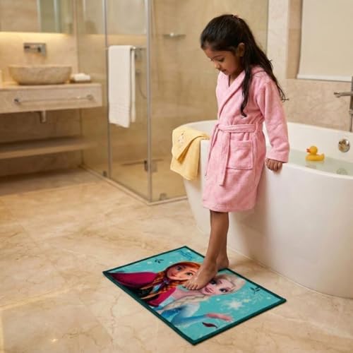 Image of Athom Living Disney Frozen Sister Anna & Elsa Printed Themed Multi Colored Kids Premium Nylon Bathmat, with Latex Backing, Anti-Slip Bathmat, 37 x 57 cm, Pack of 1