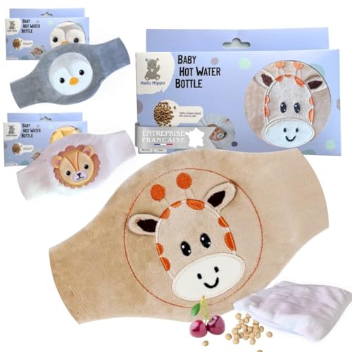 Hello Hippo - Bouillotte Noyaux de Cerise Bébé - Ceinture Chauffante Sèche Anti-Colique pour Nourrisson, Micro-Ondes ou Four, Hypoallergénique et Lavable (Girafe)