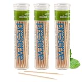 Preserve Toothpicks Refreshing Natural Mint Tea Tree Flavored Toothpicks for Fresh Breath Teeth & Gums - Sustainably Harvested Birch Wood - 3 Travel Cases (105 Picks)