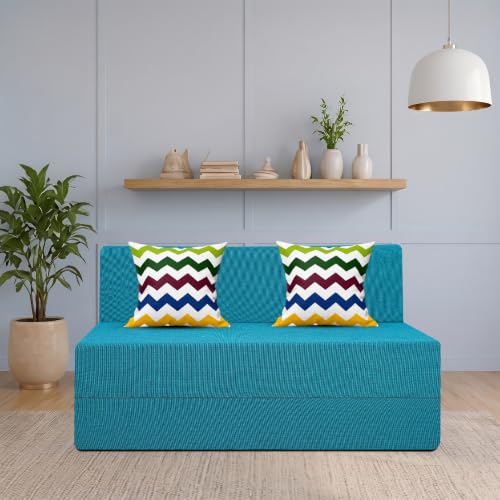 Image of Starlon 2 Seater Sofa Cum Bed Foldable 3-in-1 Sofa Bed with 1 Year Warranty, Washable Jute Fabric Cover & 2 Waves Pillows | Queen Size Guest Bed | Pre-Assembled Aqua Teal 4x6 Ft