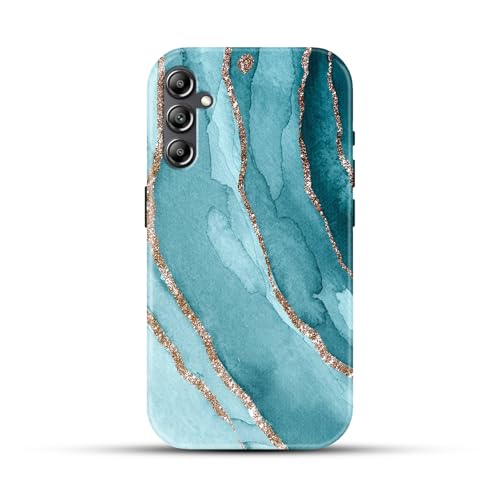 Image of COLORflow Back Cover Compatible with Samsung Galaxy A14 5G / 4G | Beautiful Blue Marble Golden Stripes | Designer Printed Glossy Armoured Bumper Back Cover Compatible with Samsung Galaxy A14 5G / 4G